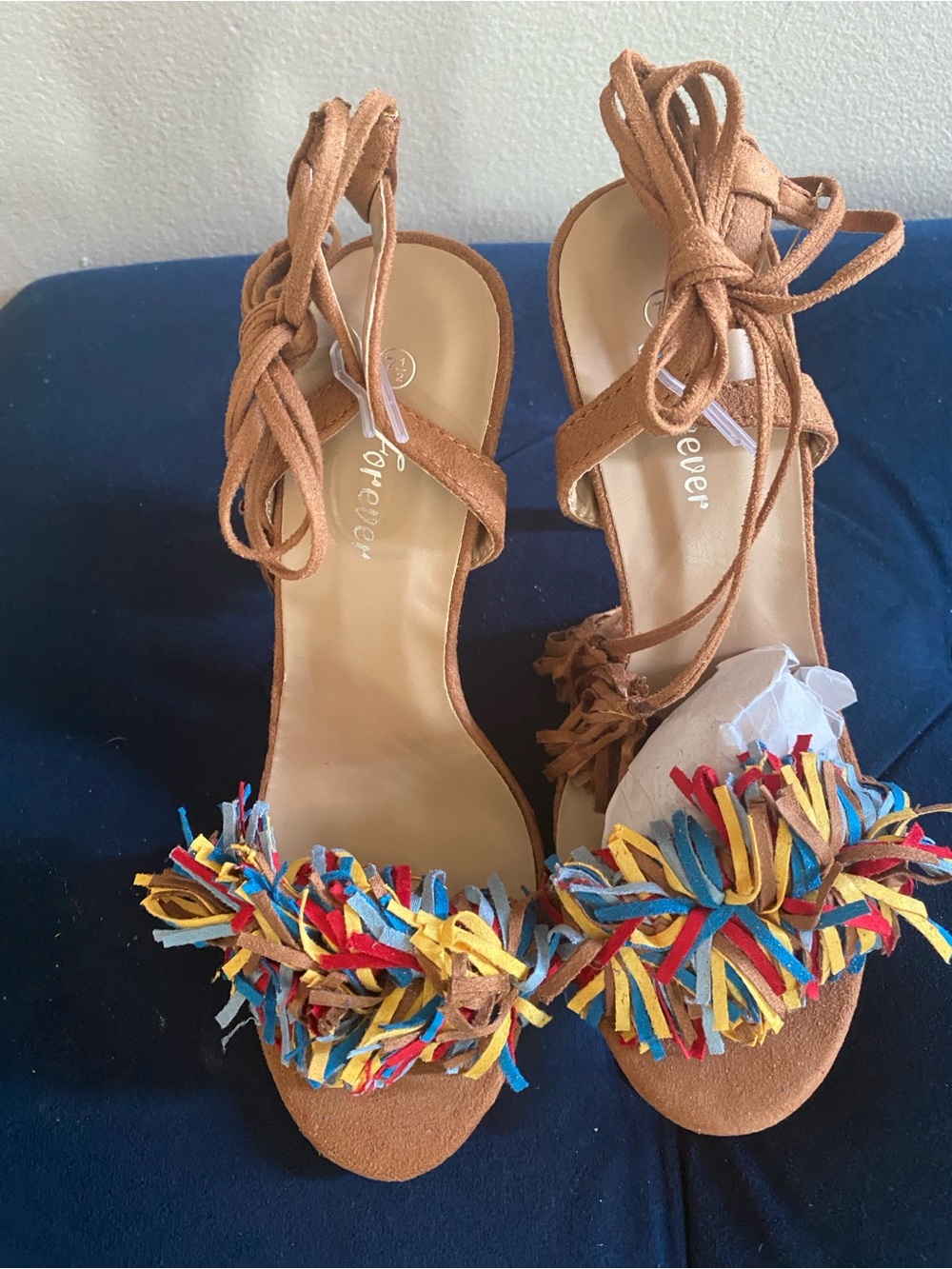 Forever 21 Tan Suede Fringe Lace-Up Heels with Multicolor Tassels